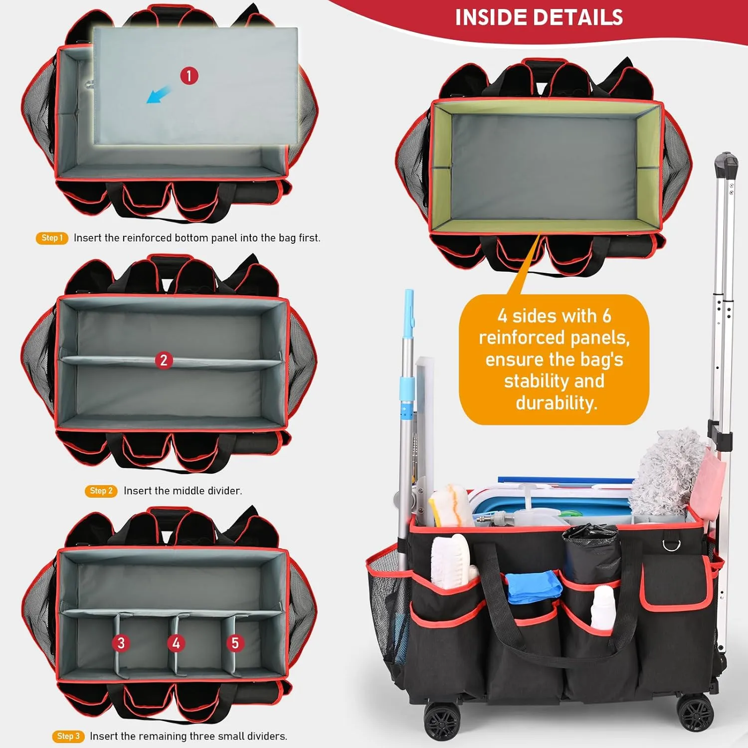 yookee home Cleaning Caddy for Cleaning Supplies Organizer Cleaning Carts on Wheels Cleaner Caddy for Cleaning Products Cleaning Tools Organizer Rolling Cleaning Bag for Housekeepers
