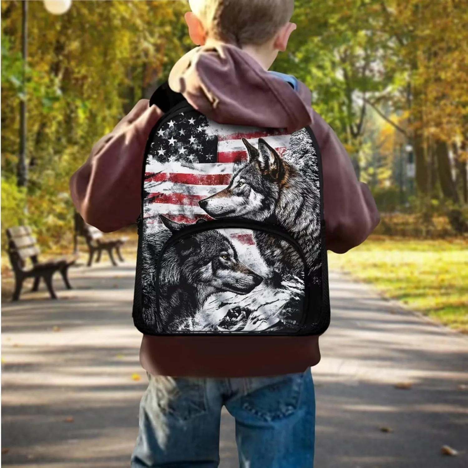 Ystardream 4 th of July Kindergarten Backpack for Boys 4-6 Backpack With Lunch Box Cool Wolf Toddler Backpacks Preschool Backpack 3 Piece Bookbag Fits Lunchboxes Pencil Case for Preschoolers