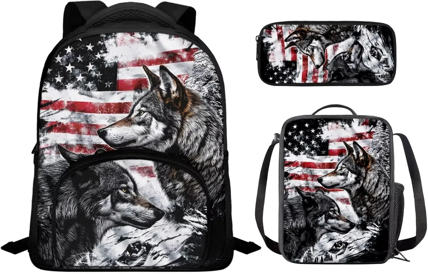 Ystardream 4 th of July Kindergarten Backpack for Boys 4-6 Backpack With Lunch Box Cool Wolf Toddler Backpacks Preschool Backpack 3 Piece Bookbag Fits Lunchboxes Pencil Case for Preschoolers