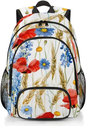 Yzrwebo Flower Lavender Laptop iPad Tablet Travel Backpack Casual Daypack, Poppy Wheat Lightweight Adjustable Shoulder Straps with Multiple Pockets Backpack for Women Men Gifts