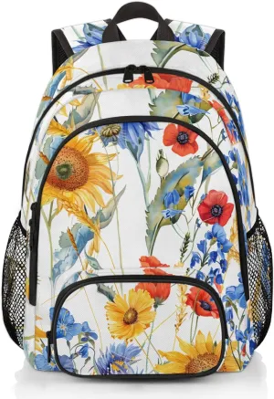 Yzrwebo Spring Sunflower Laptop iPad Tablet Travel Backpack Casual Daypack, Poppy Wheat Lightweight Adjustable Shoulder Straps with Multiple Pockets Backpack for Women Men Gifts