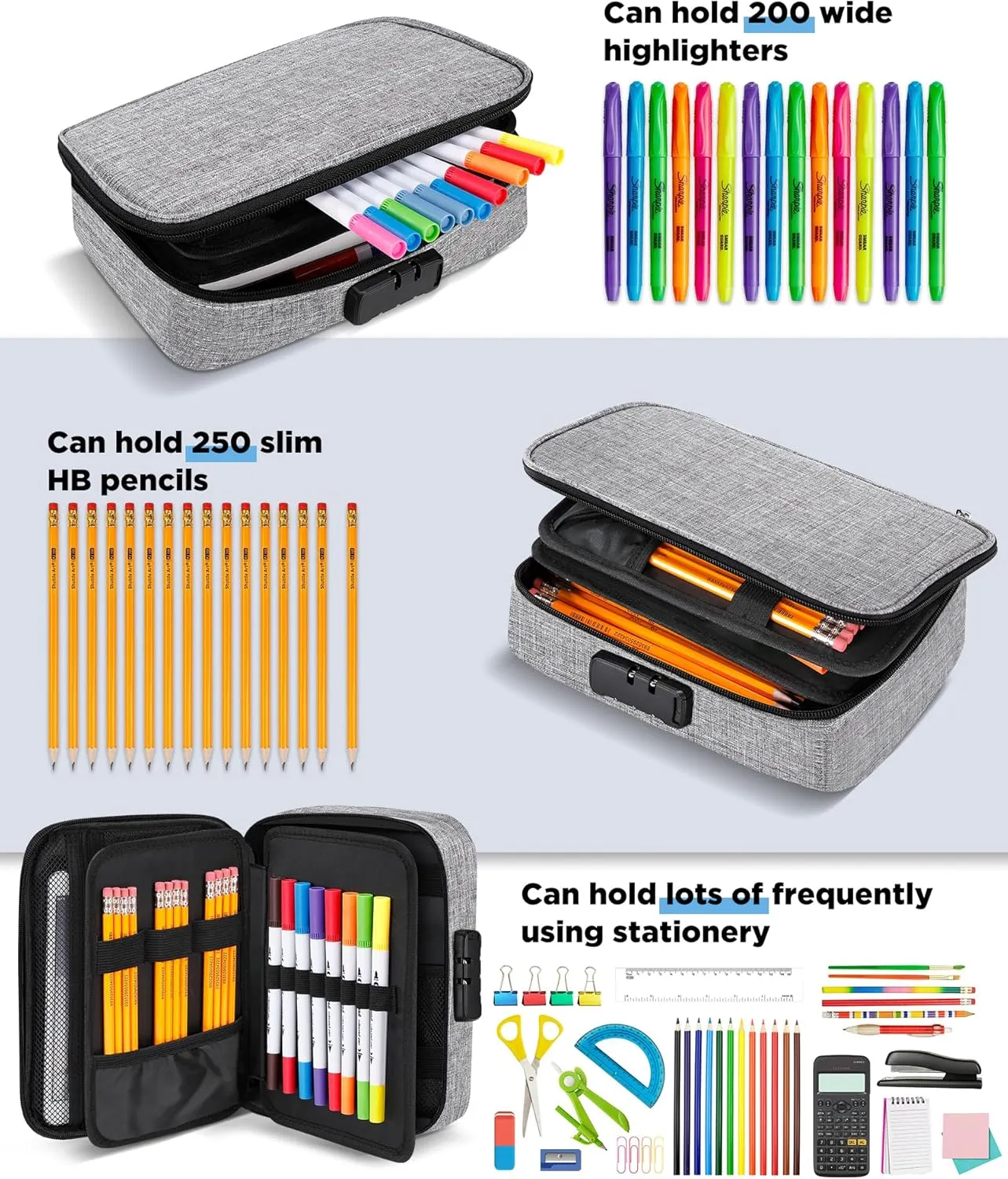 Zannaki Large Capacity Pencil Pouch Case with Lock, Pen Marker Stationery Bag Art Supply Storage Organizer Box for Bullet Journal Middle High School College Student Teen Girl Boy Women Adult, Grey