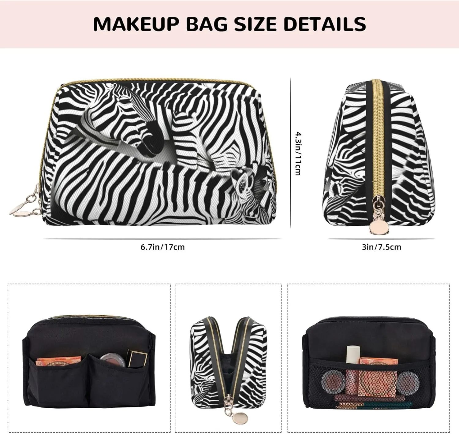 Zebra Leather Toiletry Organizer Bag, Travel-Friendly Makeup Pouch For Women