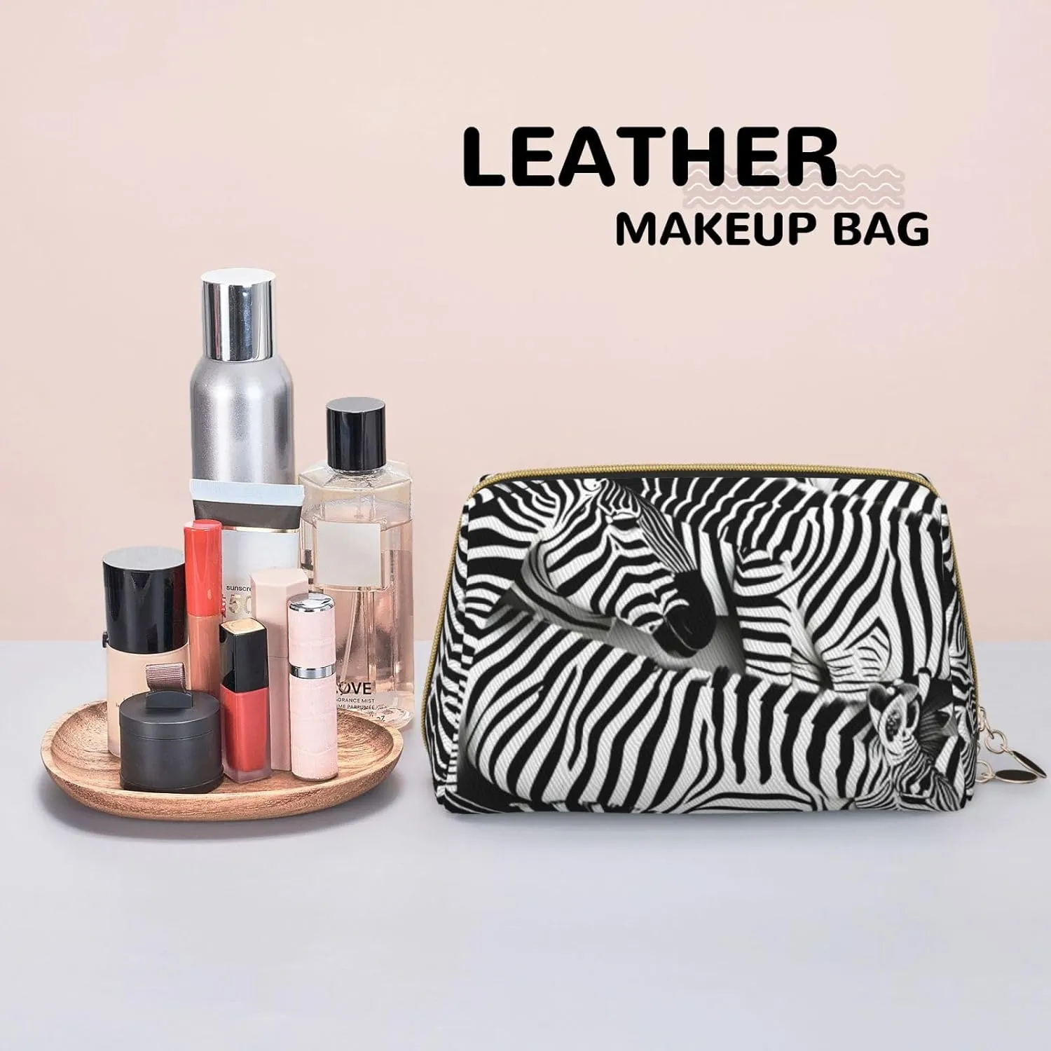 Zebra Leather Toiletry Organizer Bag, Travel-Friendly Makeup Pouch For Women